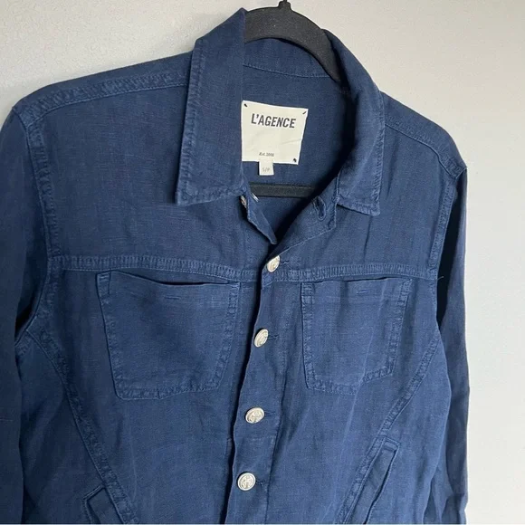 L’AGENCE Celine Slim Femme Jacket Marine Navy Blue Linen Casual Women’s Small - Picture 3 of 12